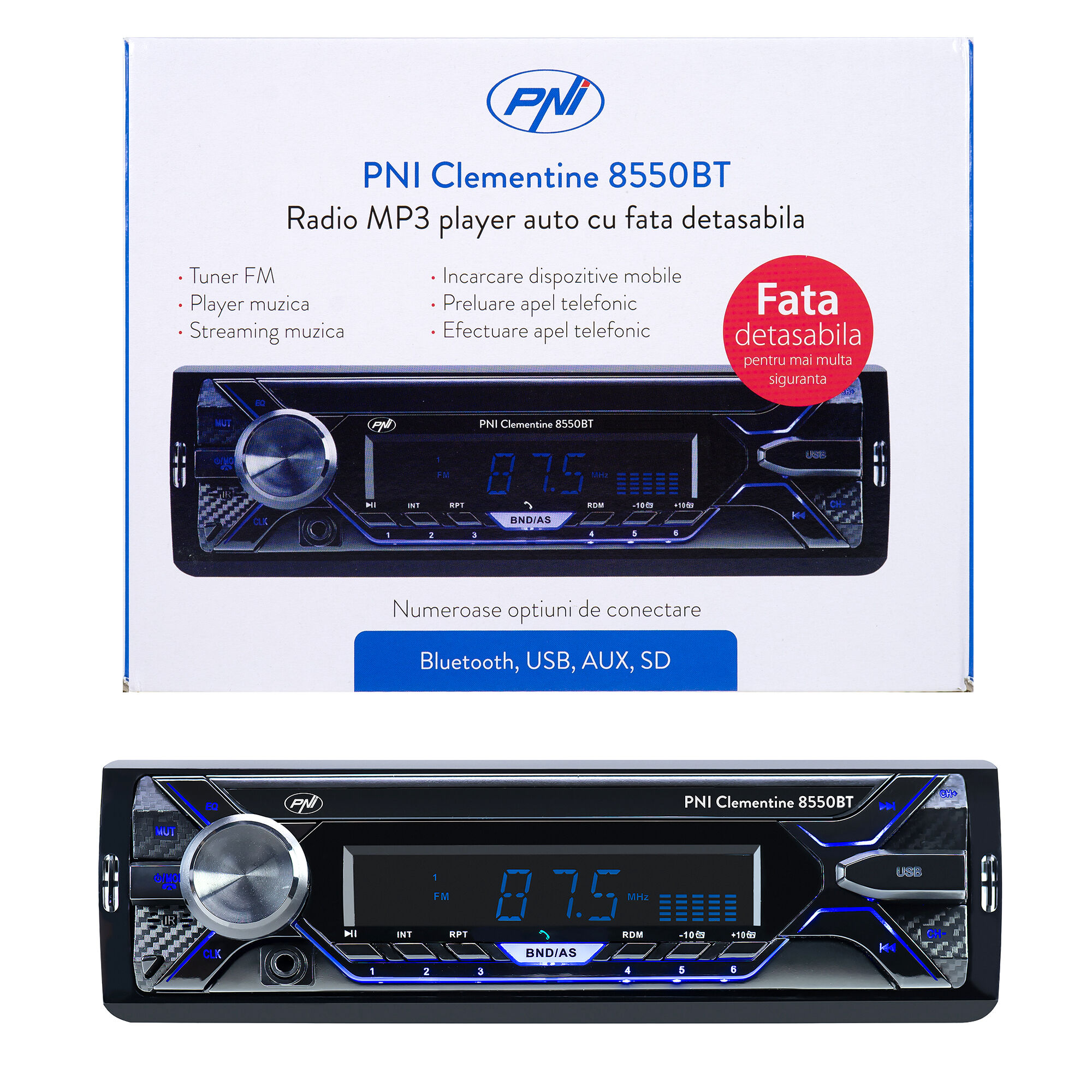 Auto MP3-Player PNI Clementine 8550BT, Front abnehmbar, 4x45w, 12V, 1 DIN, mit SD, USB, AUX