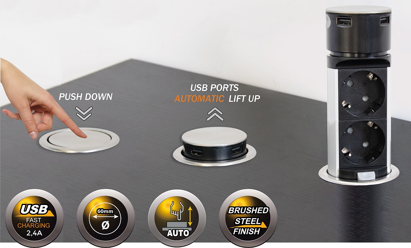 Schreibtisch-Einbausteckdose 2x + 2xUSB versenkbar, Edelstahl, rund Mini  - Bild 2