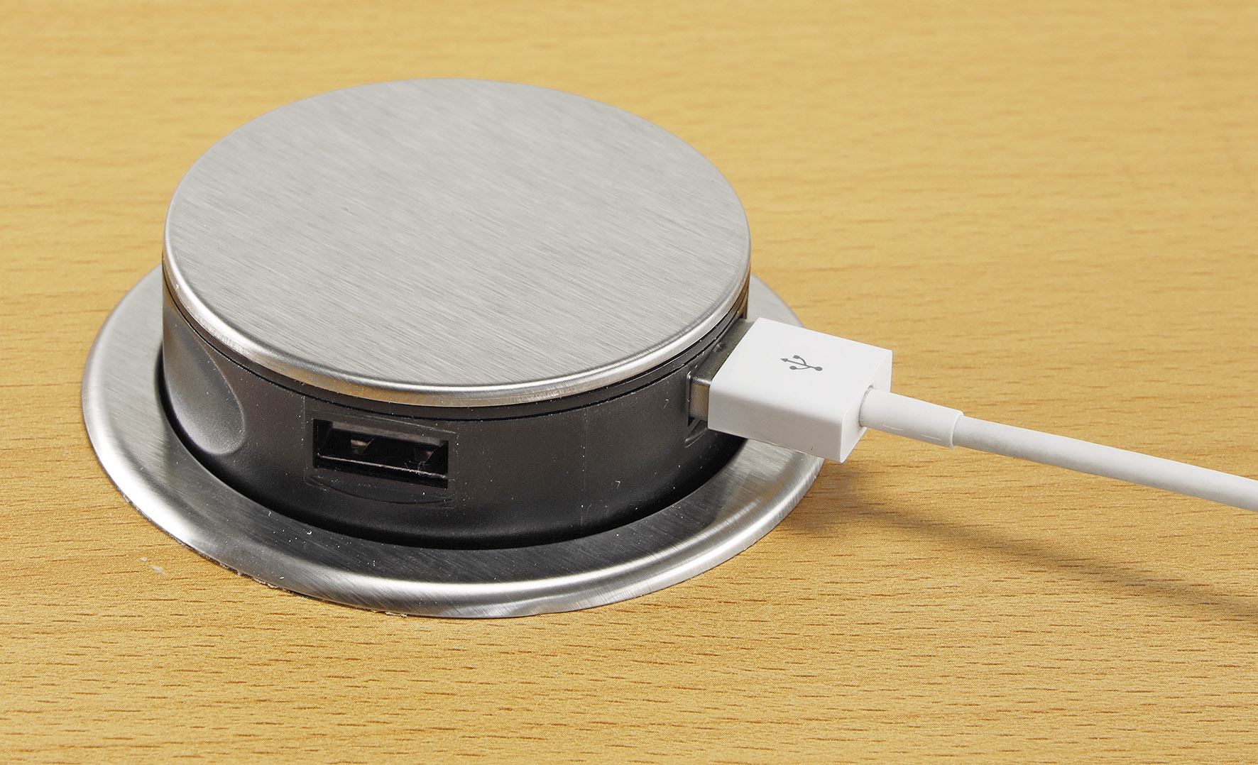 Schreibtisch-Einbausteckdose 2x + 2xUSB versenkbar, Edelstahl, rund Mini  - Bild 6