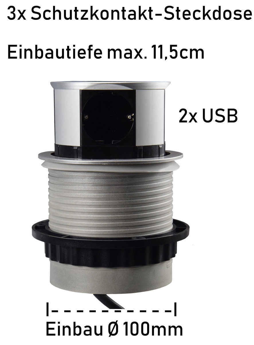 Schreibtisch-Einbausteckdose 3x + 2xUSB versenkbar, Edelstahl-Ausführung, rund  - Bild 5