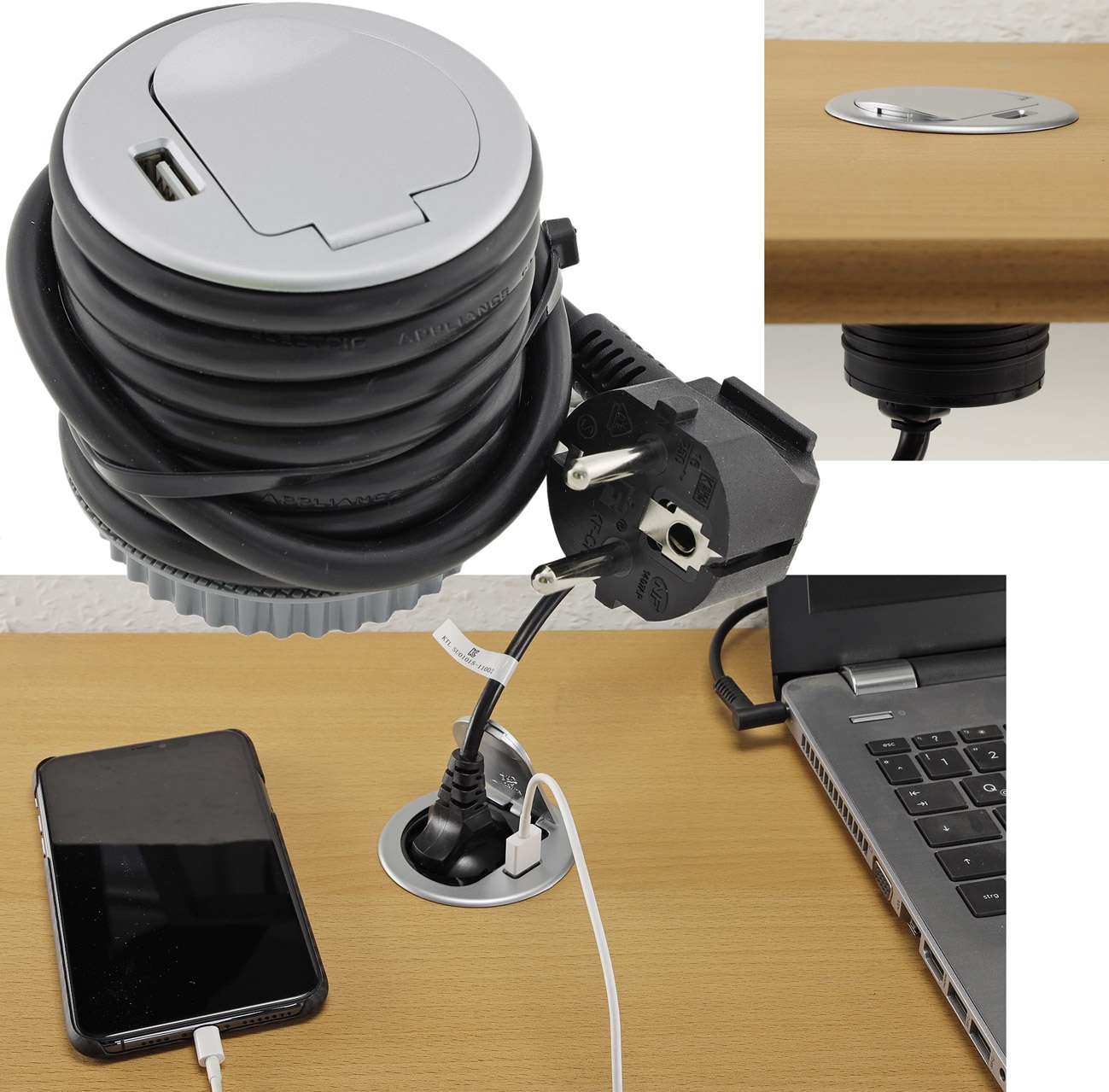 Schreibtisch-Einbausteckdose + USB versenkbar, USB 2,4A 