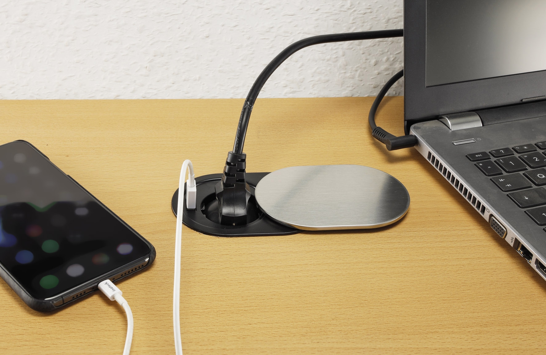 Schreibtisch-Einbausteckdose + USB versenkbar, USB 2,4A, Edelstahl  - Bild 3