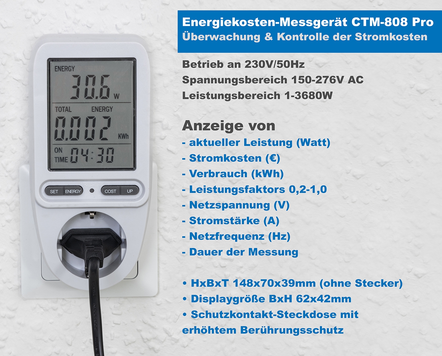 Energiekosten-Messgerät "CTM-808 Pro" LC-Display - Bild 2