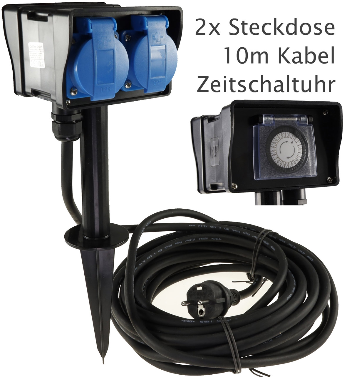 Gartensteckdose mit Erdspieß, 2-fach, Zeitschaltuhr X - Bild 1