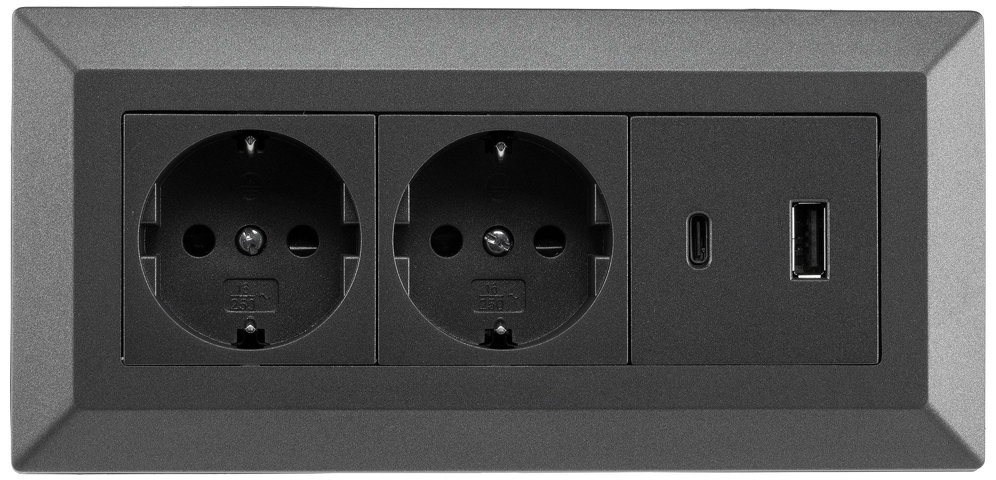 2-fach Steckdosenblock, USB-A+C, anthrazit mit 1,5m Kabel - Bild 1