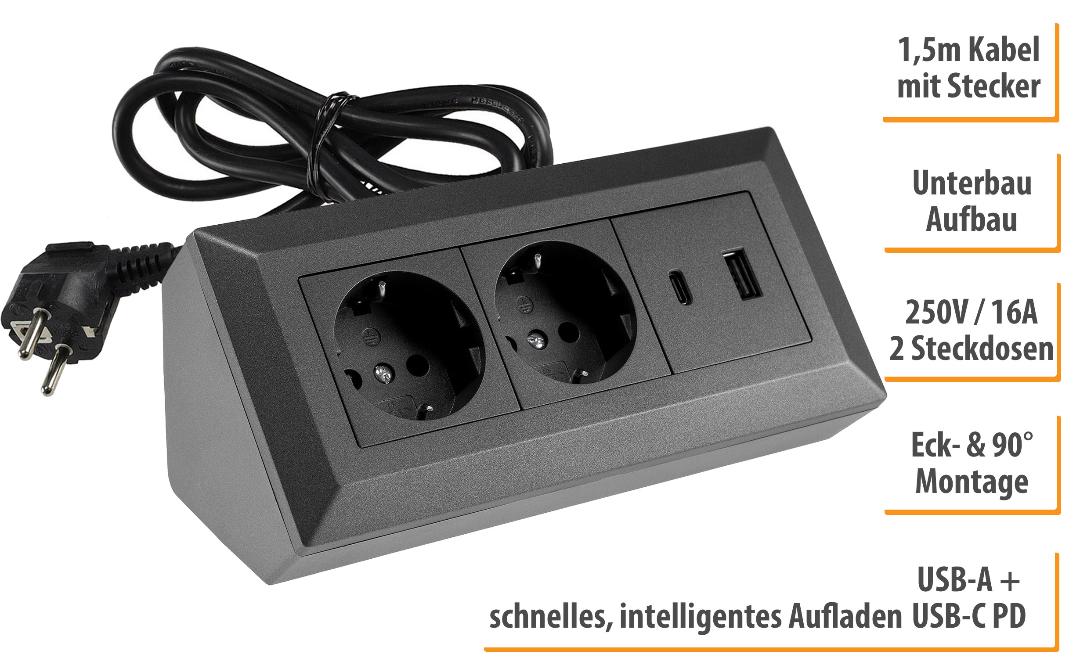 2-fach Steckdosenblock, USB-A+C, anthrazit mit 1,5m Kabel - Bild 2