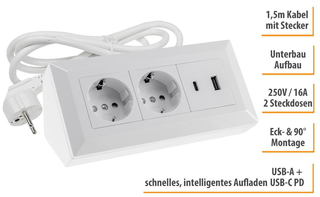 2-fach Steckdosenblock, USB-A+C, weiß mit 1,5m Kabel - Bild 2