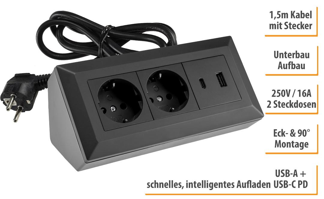 2-fach Steckdosenblock, USB-A+C, schwarz mit 1,5m Kabel - Bild 1