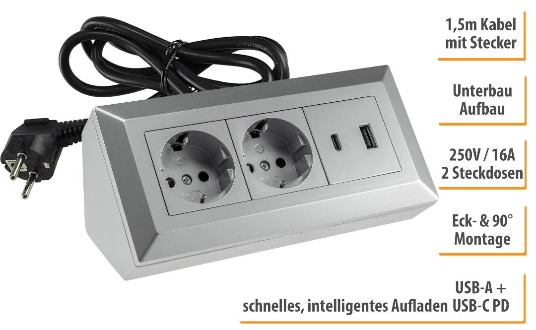 2-fach Steckdosenblock, USB-A+C, silber mit 1,5m Kabel - Bild 2