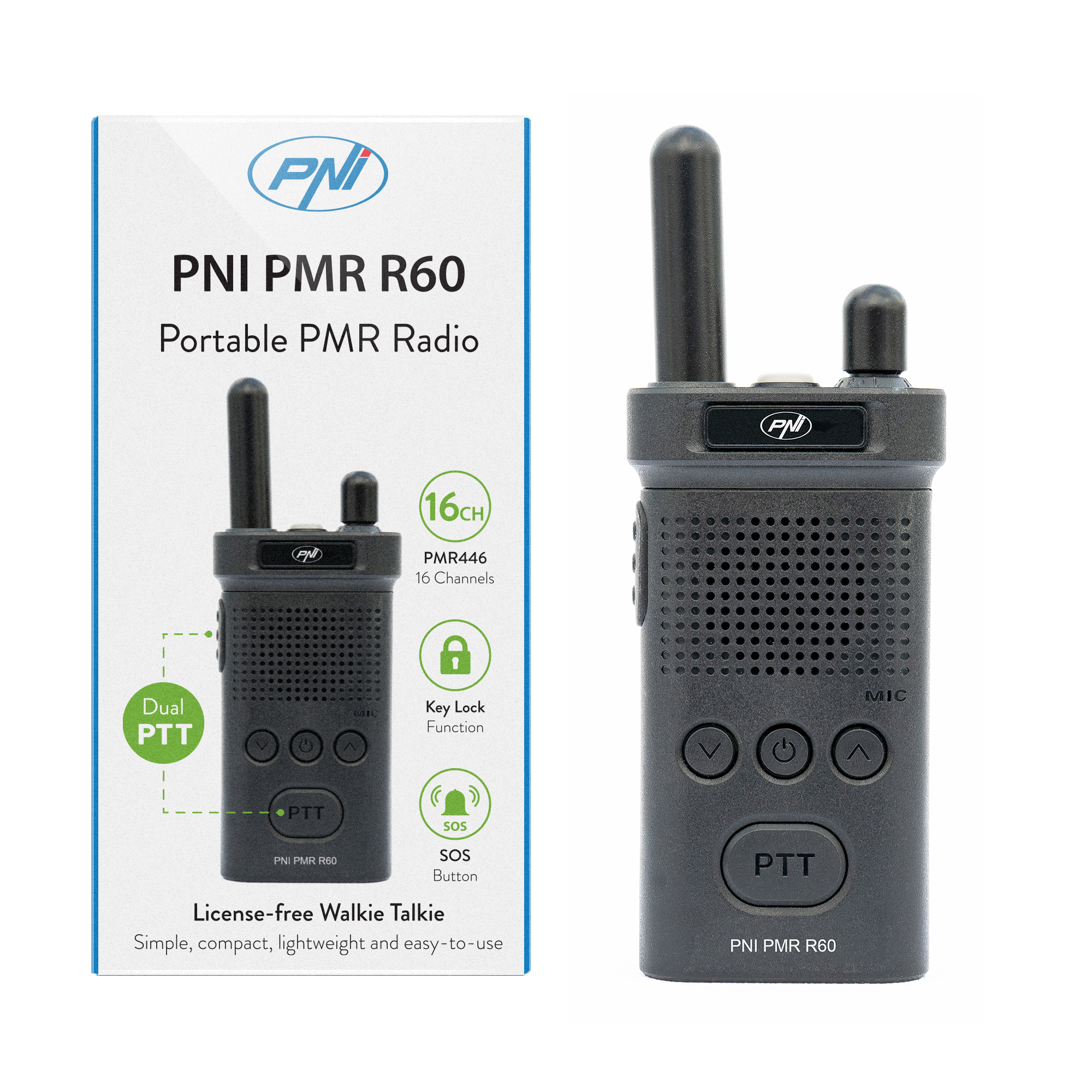 Tragbarer Radiosender PNI PMR R60 446 MHz, 0,5 W, 1PNI R60 PMR Funkgerät 16 PMR- und 50 CTCSS- und 104 DCS-Töne, Scan, Tastensperre, SOS, Monitor, 1200-mAh-Akku X