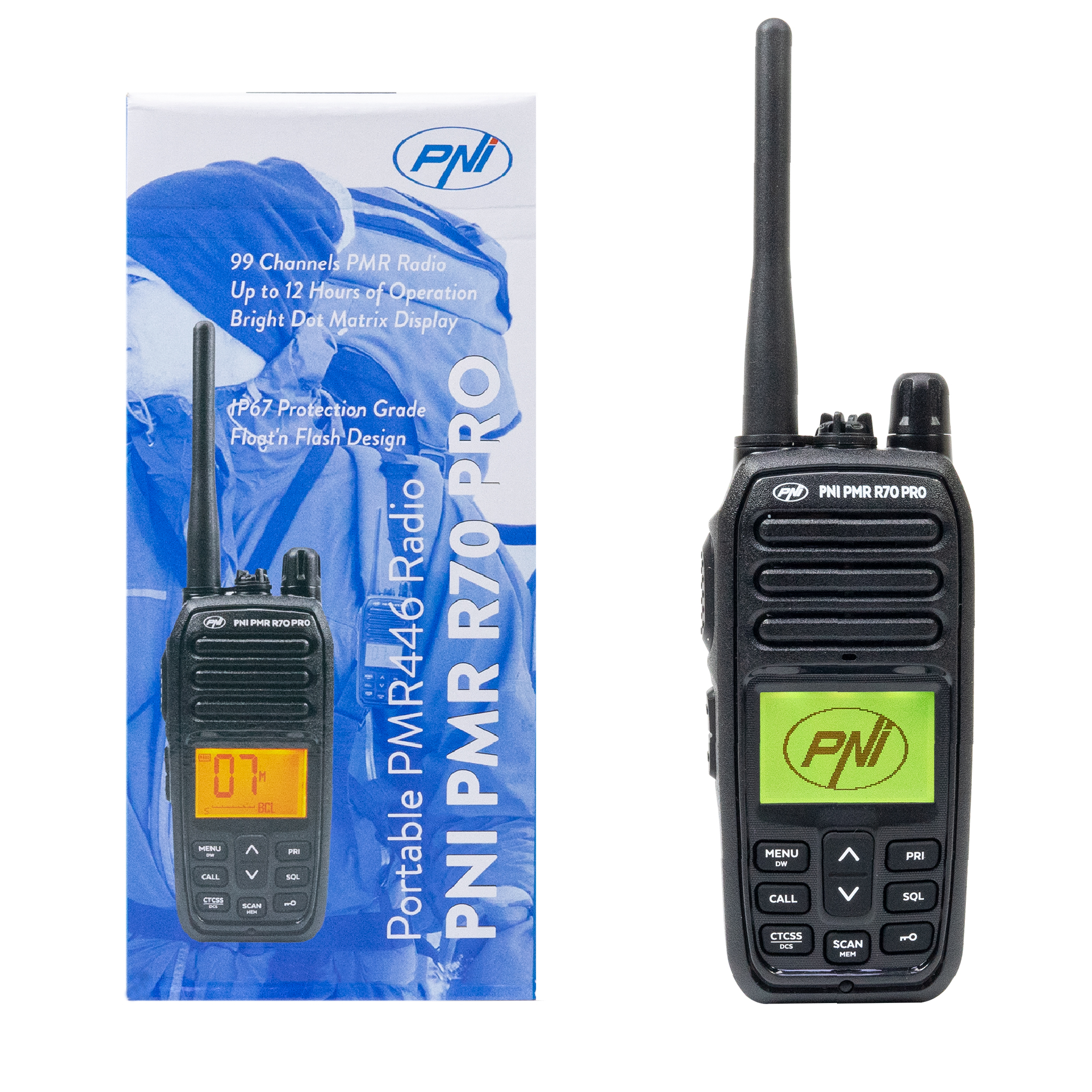 PNI R70PRO PMR Funkgerät 16 CH 0,5 W, 99 PC-programmierbare Kanäle, 50 CTCSS- und 166 DCS-Töne, IP67 X