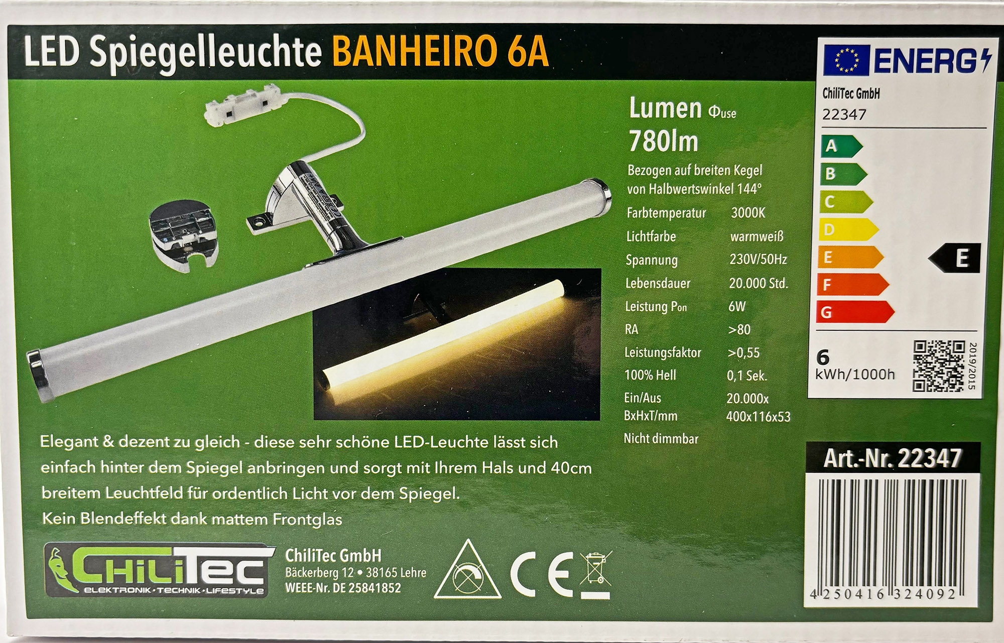 LED Spiegelleuchte "Banheiro 6A" 230V, 6W, 780lm, 40cm, 2900K warmweiß - Bild 2