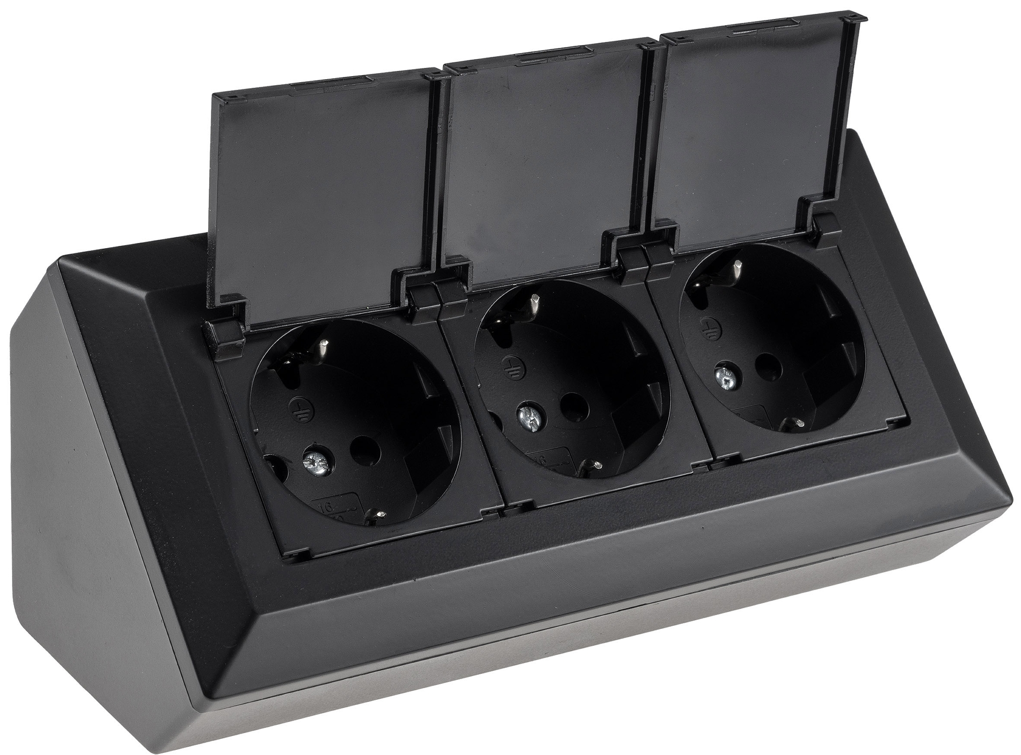 3-fach Steckdosenblock, schwarz 250V~/ 16A, Aufbaumontage mit Klappen X