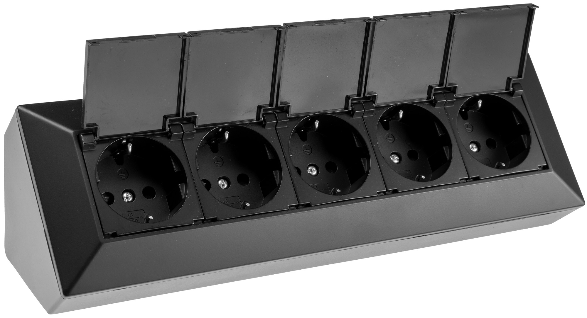 5-fach Steckdosenblock, schwarz 250V~/ 16A, Aufbaumontage mit Klappen X