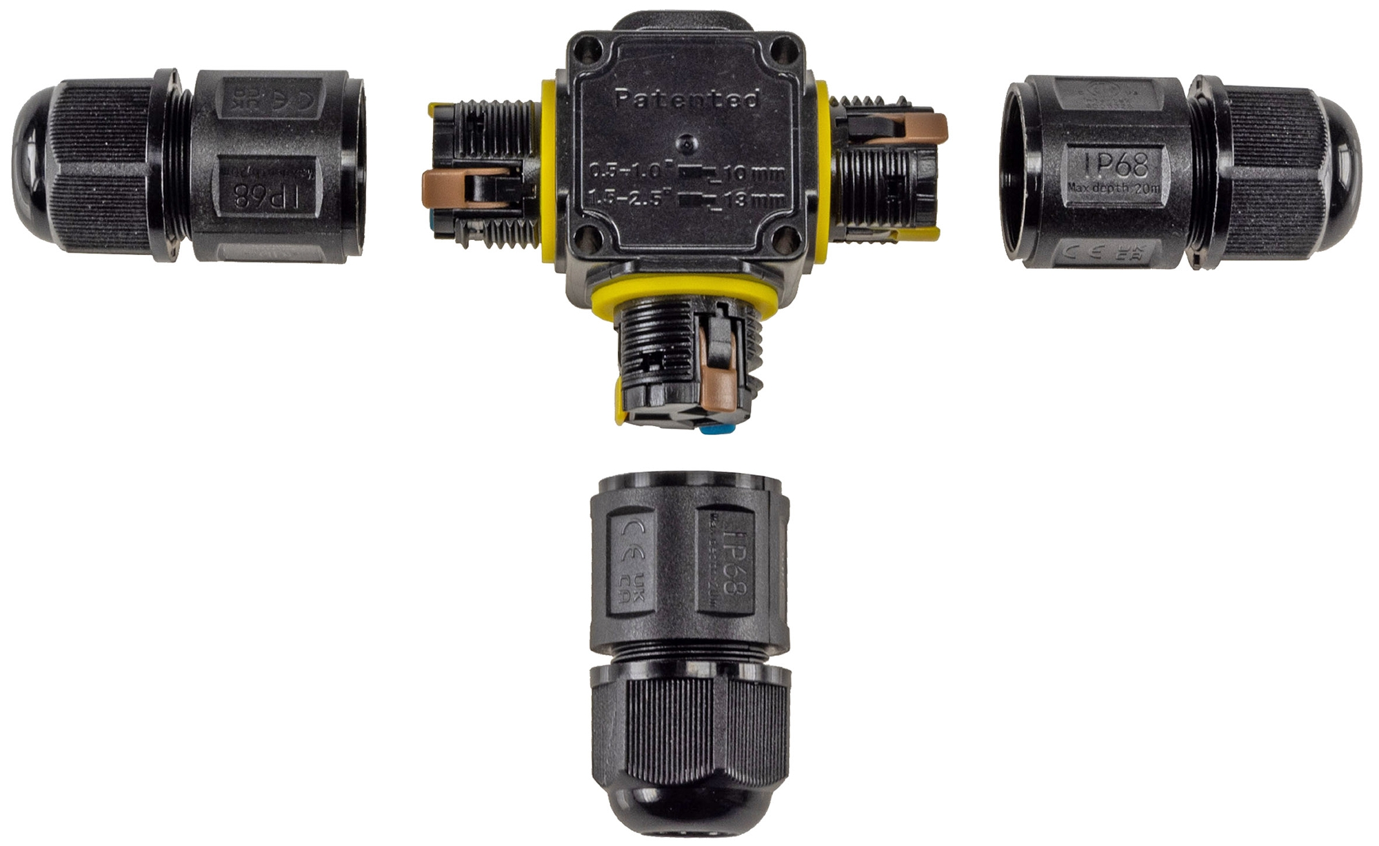 Kabelverbinder T-Form, IP68, 450V/24A Klemmanschluss, für Kabel Ø 6-11mm X - Bild 1