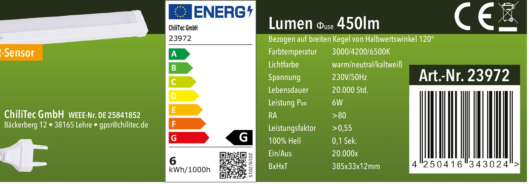 LED Unterbauleuchte "Delgada 380 CCT" 230V, 38cm, IR-Sensor, 3000k - 6500k  - Bild 1