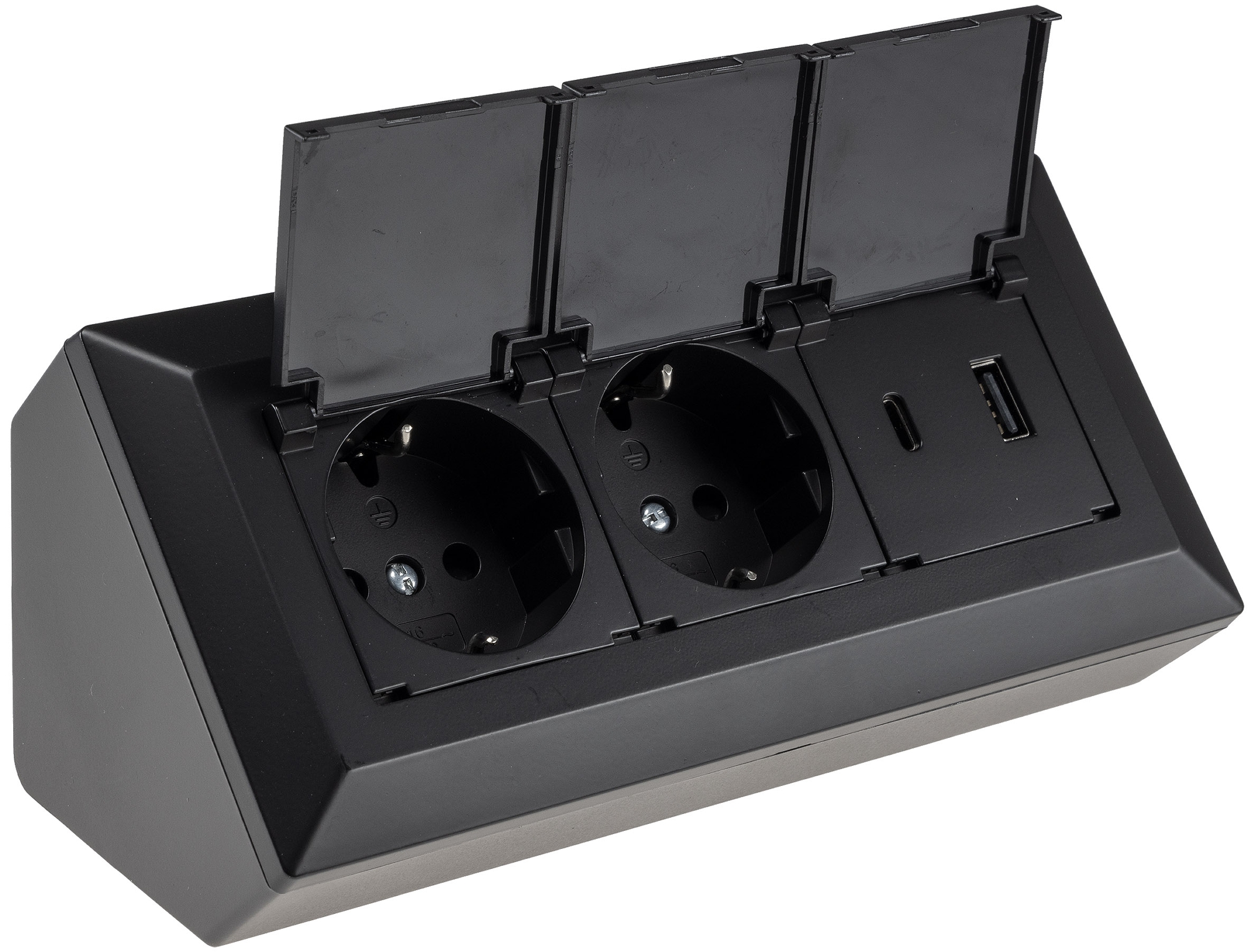 2-fach Steckdosenblock, USB-A+C, schwarz 250V~/ 16A, USB 3,1A, PD, mit Klappen X