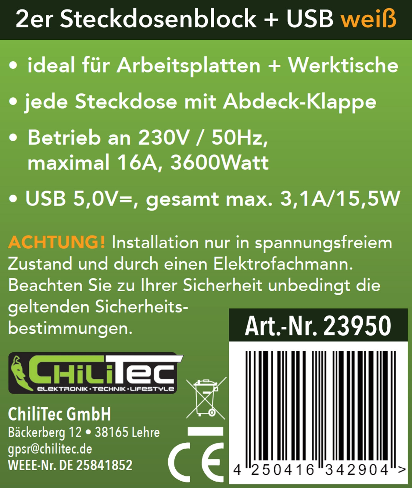 2-fach Steckdosenblock, USB-A+C, weiß 250V~/ 16A, USB 3,1A, PD, mit Klappen X - Bild 5
