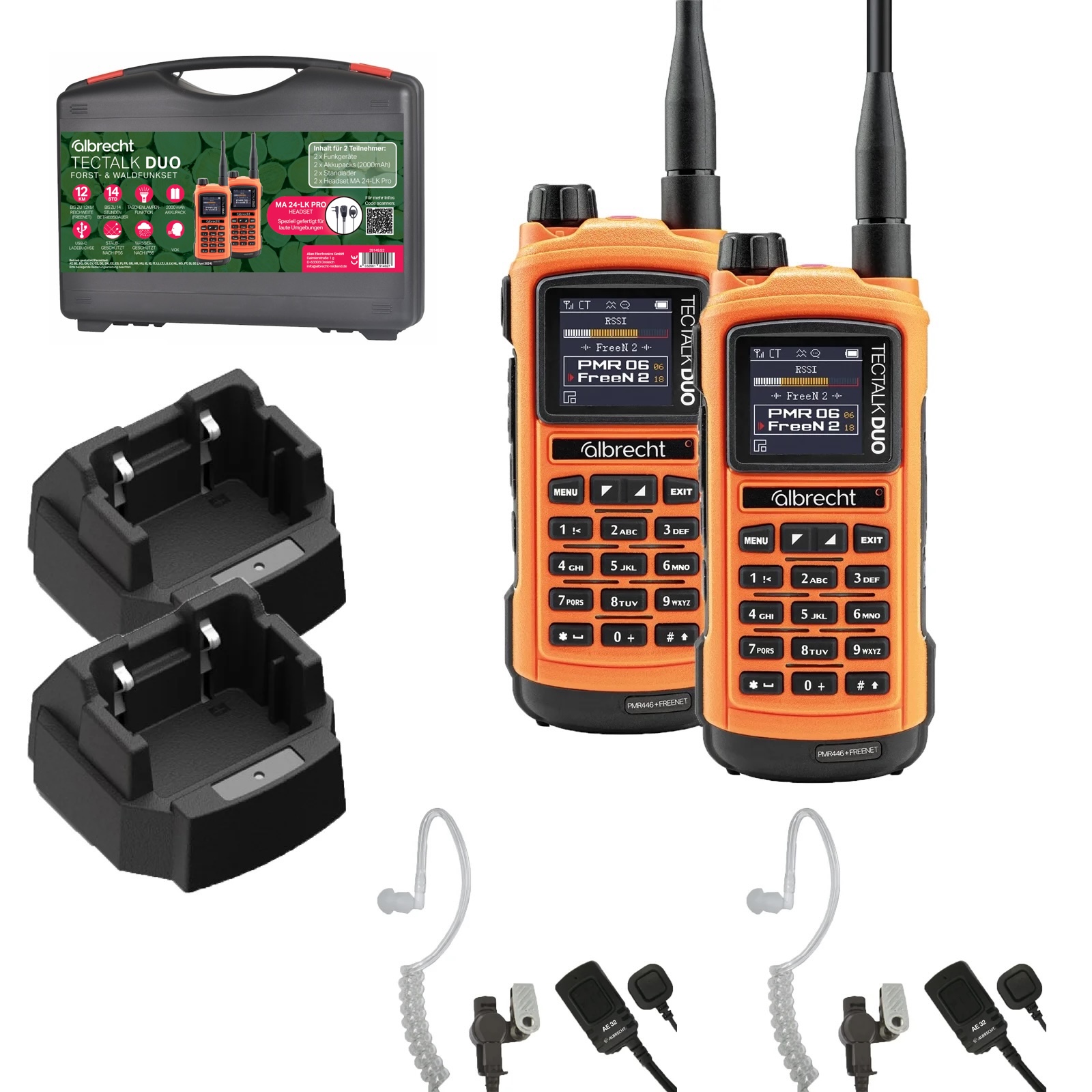   2er Kofferset Albrecht Tectalk Duo, PMR446 + Freenet (1W) inkl. AE 32-K Headsets, Standlader, Akkus X - Bild 1