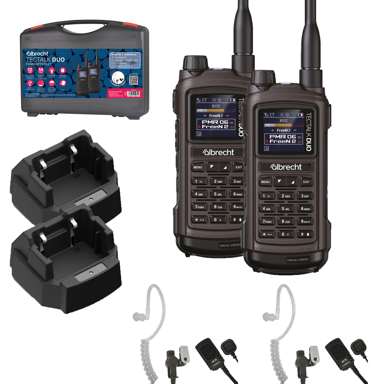   2er Kofferset Albrecht Tectalk Duo, PMR446 + Freenet (1W) inkl. AE 32-K Headsets, Standlader, Akkus X