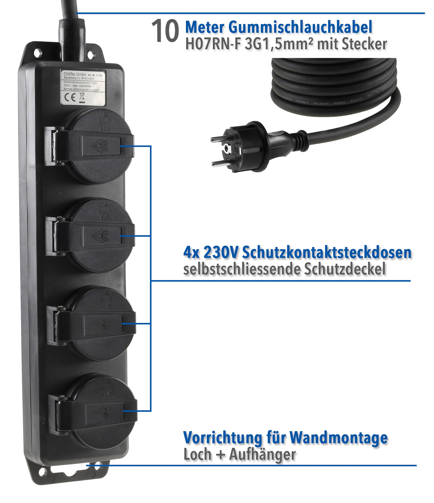 Gartensteckdosenleiste für Außen, IP44 4-fach 10mtr Zuleitung X - Bild 2
