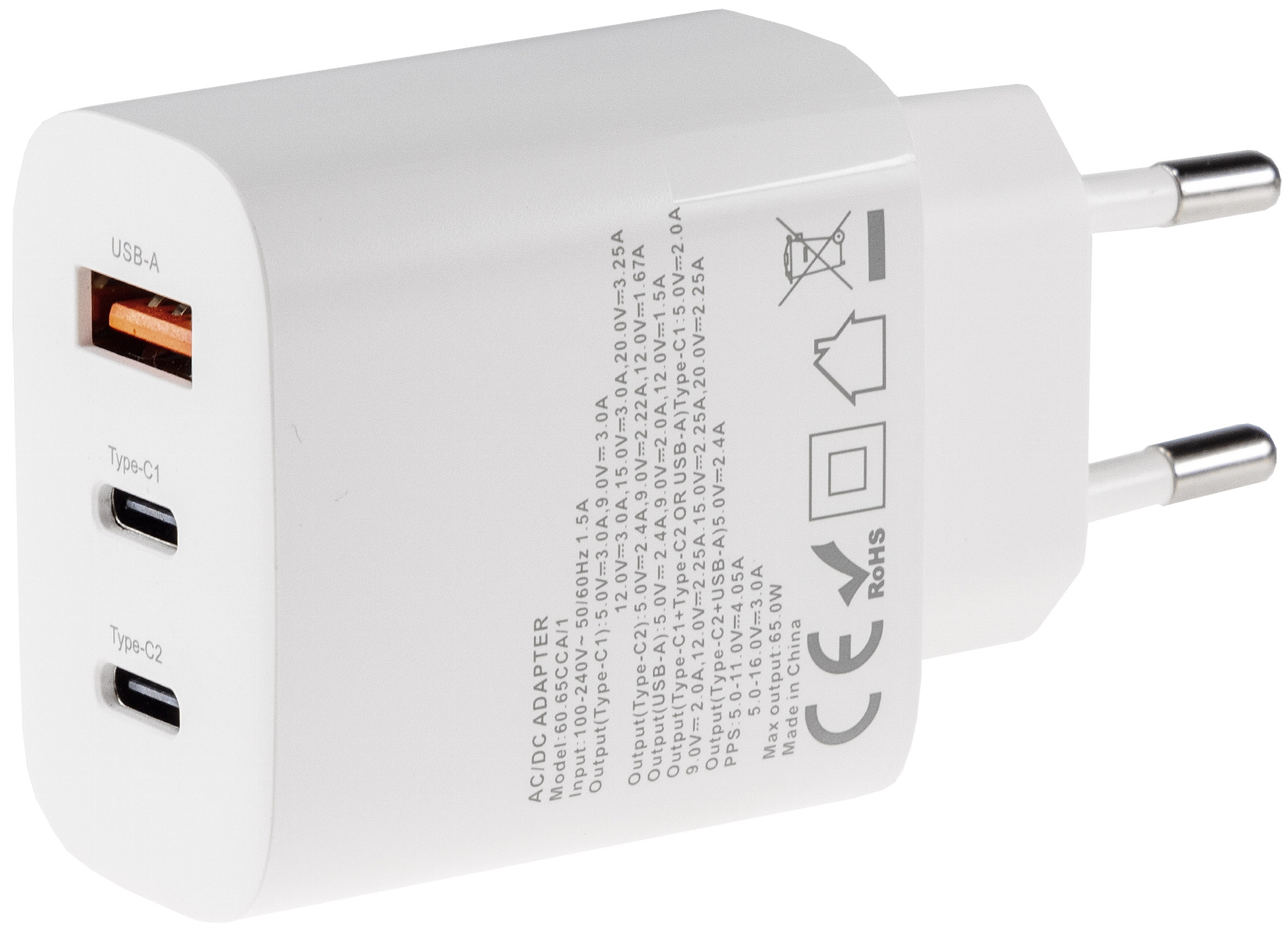 Stecker-Netzteil mit USB-C "CTN-PD20" In 100-240V~, Out 5,0V/9,0V/12,0V=, 20W X