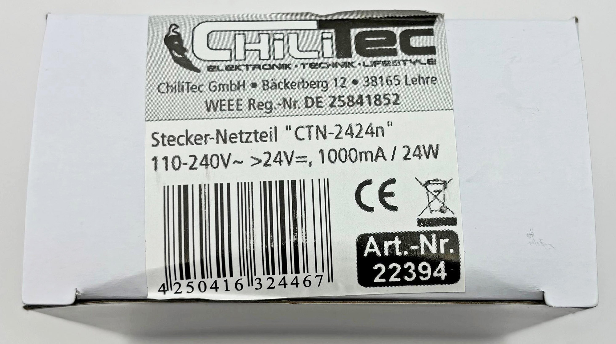 Stecker-Netzteil "CTN-2424n" 110-240V~ >24V=, 1000mA / 24W X - Bild 2