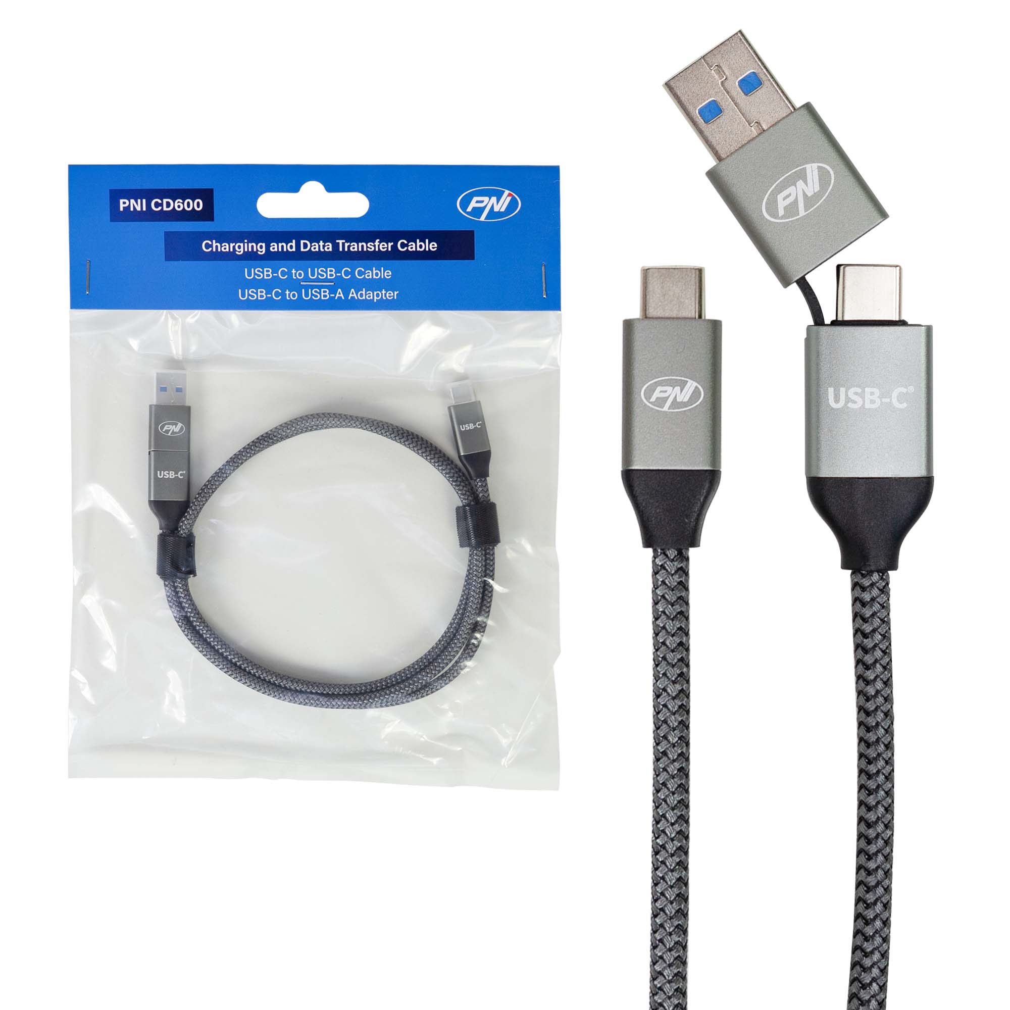 Lade-/ Datenkabel PNI CD600 USB Type-C auf Type-C 60W  + USB Type-C auf USB-A Adapter, Länge 1m