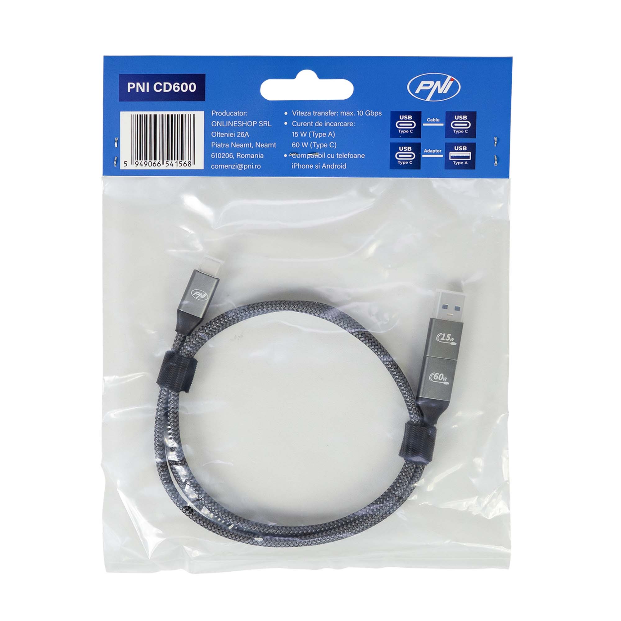 Lade-/ Datenkabel PNI CD600 USB Type-C auf Type-C 60W  + USB Type-C auf USB-A Adapter, Länge 1m - Bild 5
