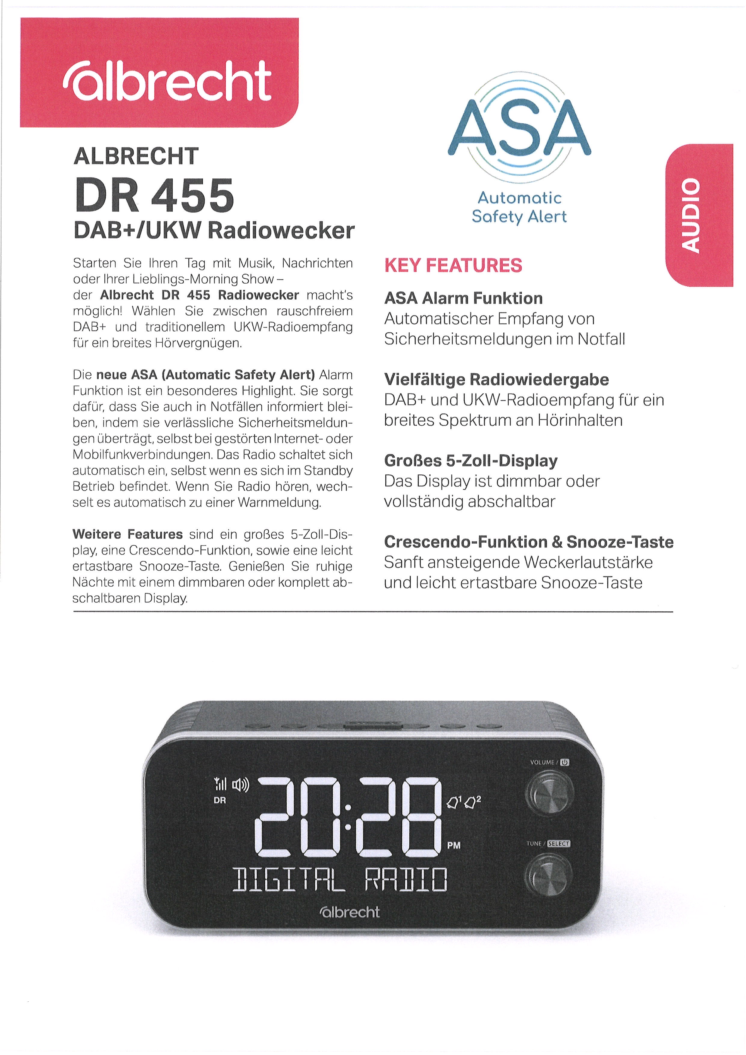 Albrecht DR 455 DAB+/UKW Radiowecker 5" Display, Dimmbar, ASA Notruf Alarm X - Bild 4