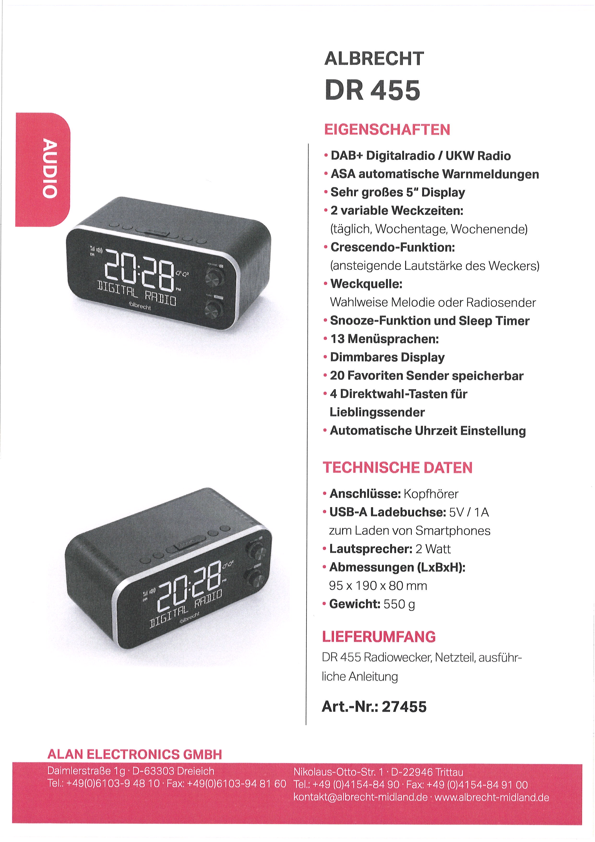 Albrecht DR 455 DAB+/UKW Radiowecker 5" Display, Dimmbar, ASA Notruf Alarm X - Bild 5