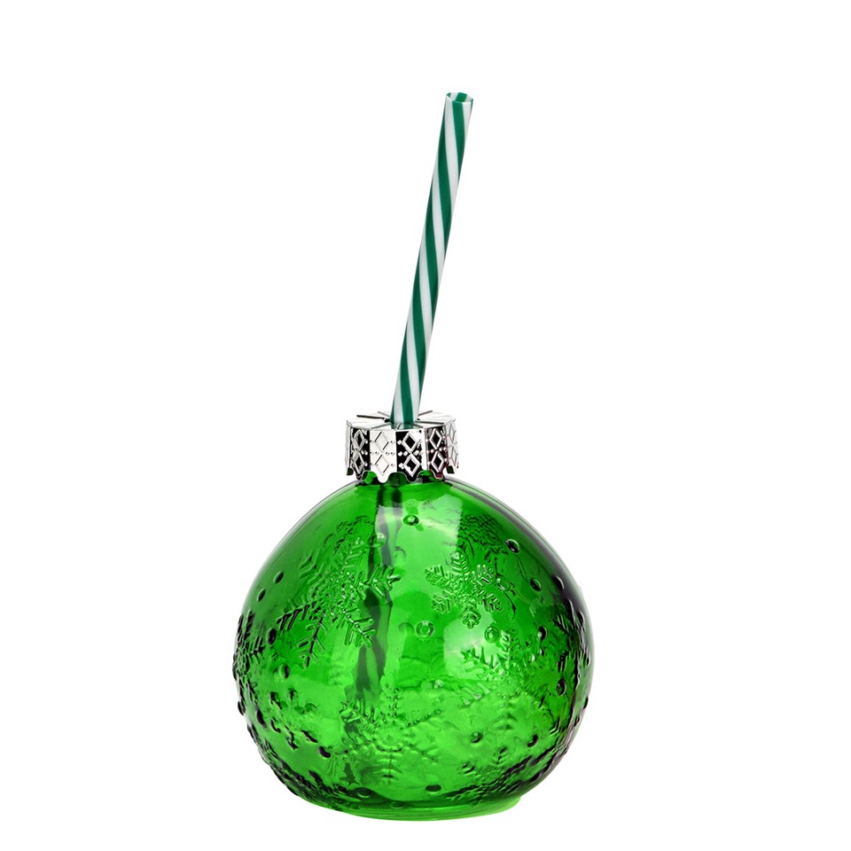 Trinkglas Weihnachtskugel mit Motiv und Strohhalm grün