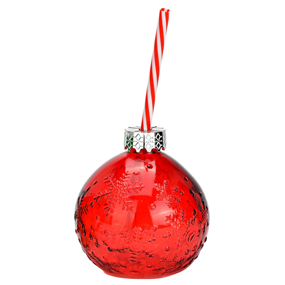 Trinkglas Weihnachtskugel mit Motiv und Strohhalm rot