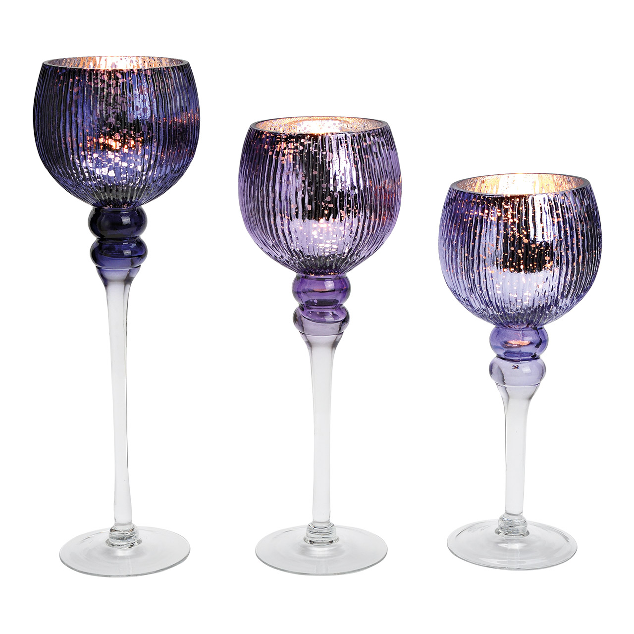 Windlicht Set Kelch geriffelt aus Glas, Lila