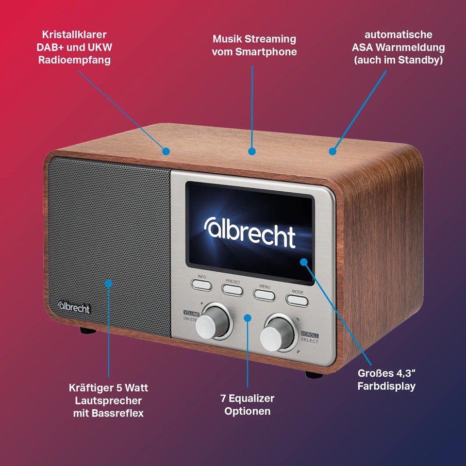 Albrecht DR 760 Digitalradio, ASA Warnmeldungencht mit UKW, DAB+, Musik-Streaming, 4,3" FarbdisplayX - Bild 1