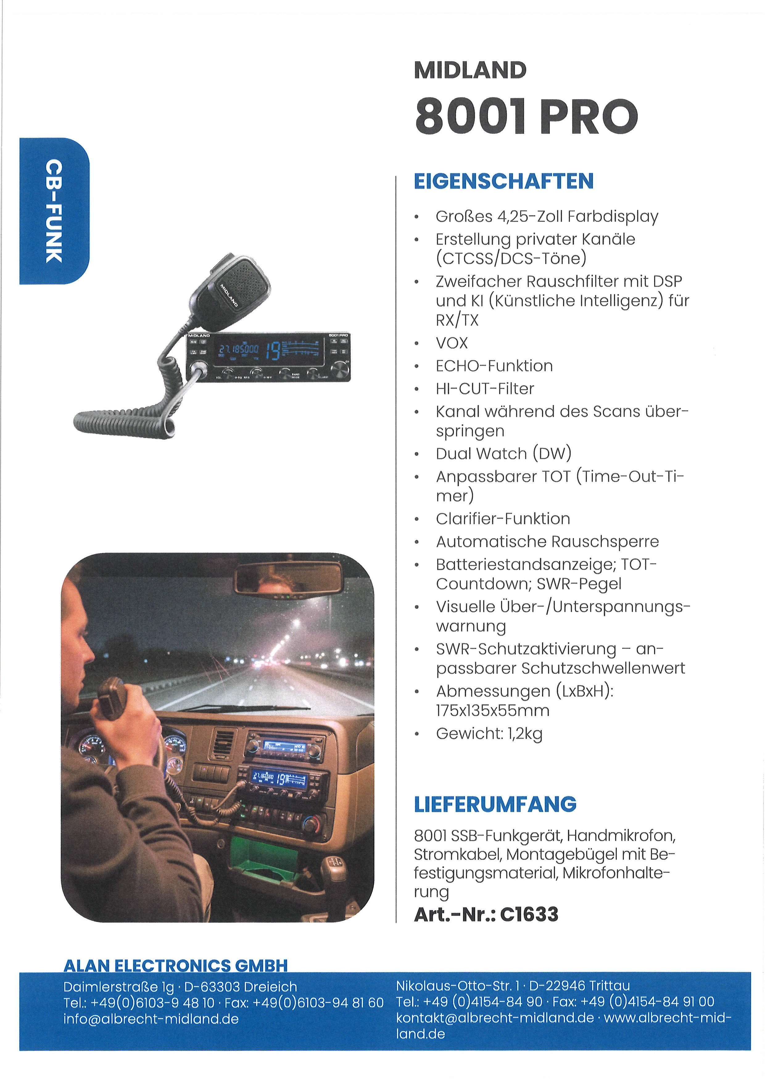  Midland 8001 Pro SSB CB-Funkgerät 4 Watt AM / FM, 12 Watt SSB X - Bild 4