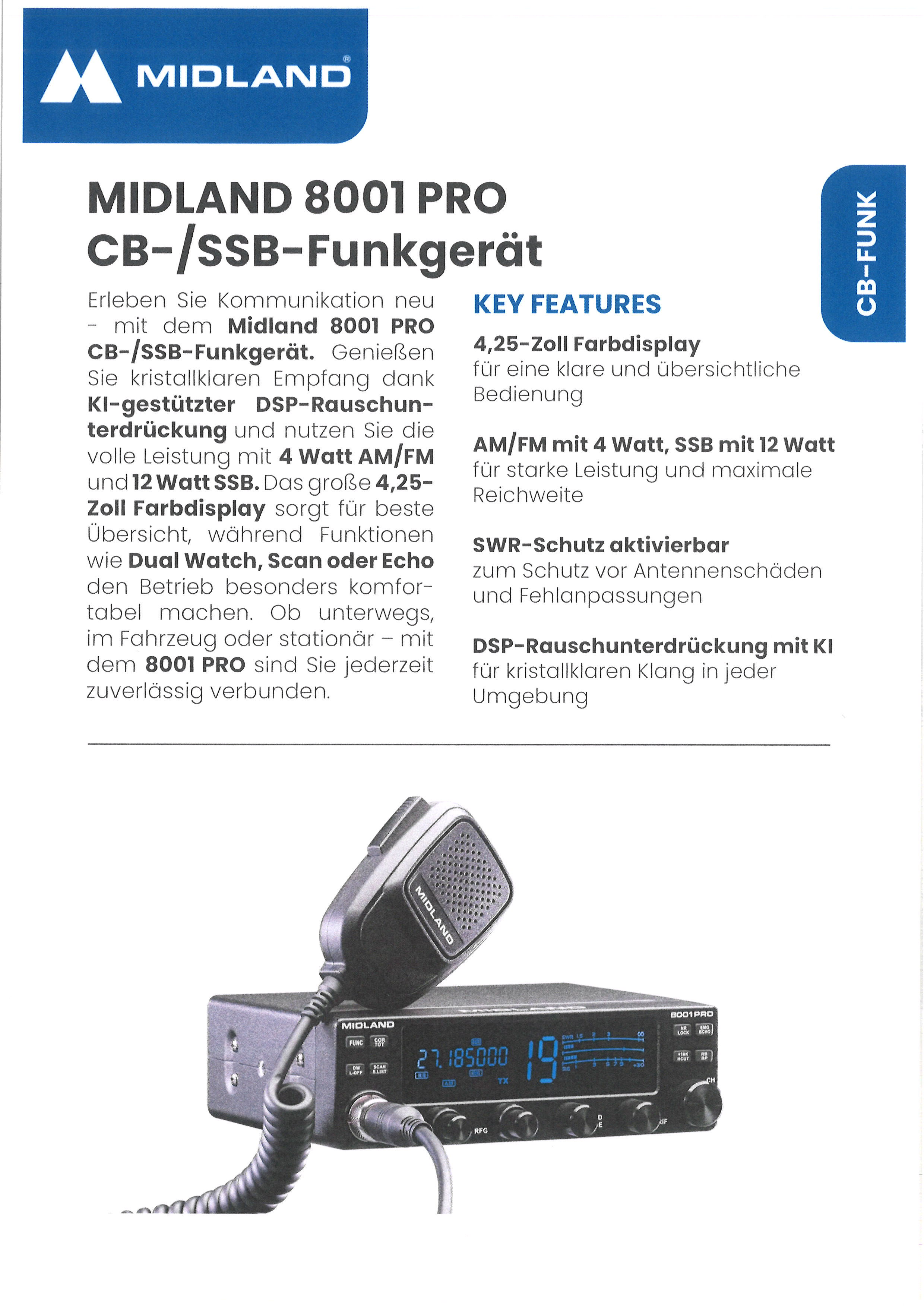  Midland 8001 Pro SSB CB-Funkgerät 4 Watt AM / FM, 12 Watt SSB X - Bild 3