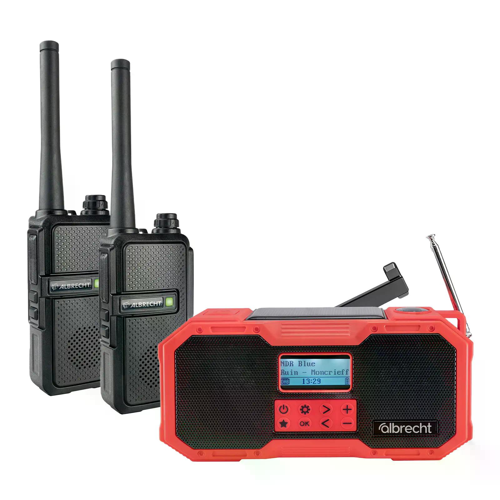 Notfall-Set PMR-Basic: robuste Funkgeräte + Kurbelradio inkl. Ladegeräte, Akkus