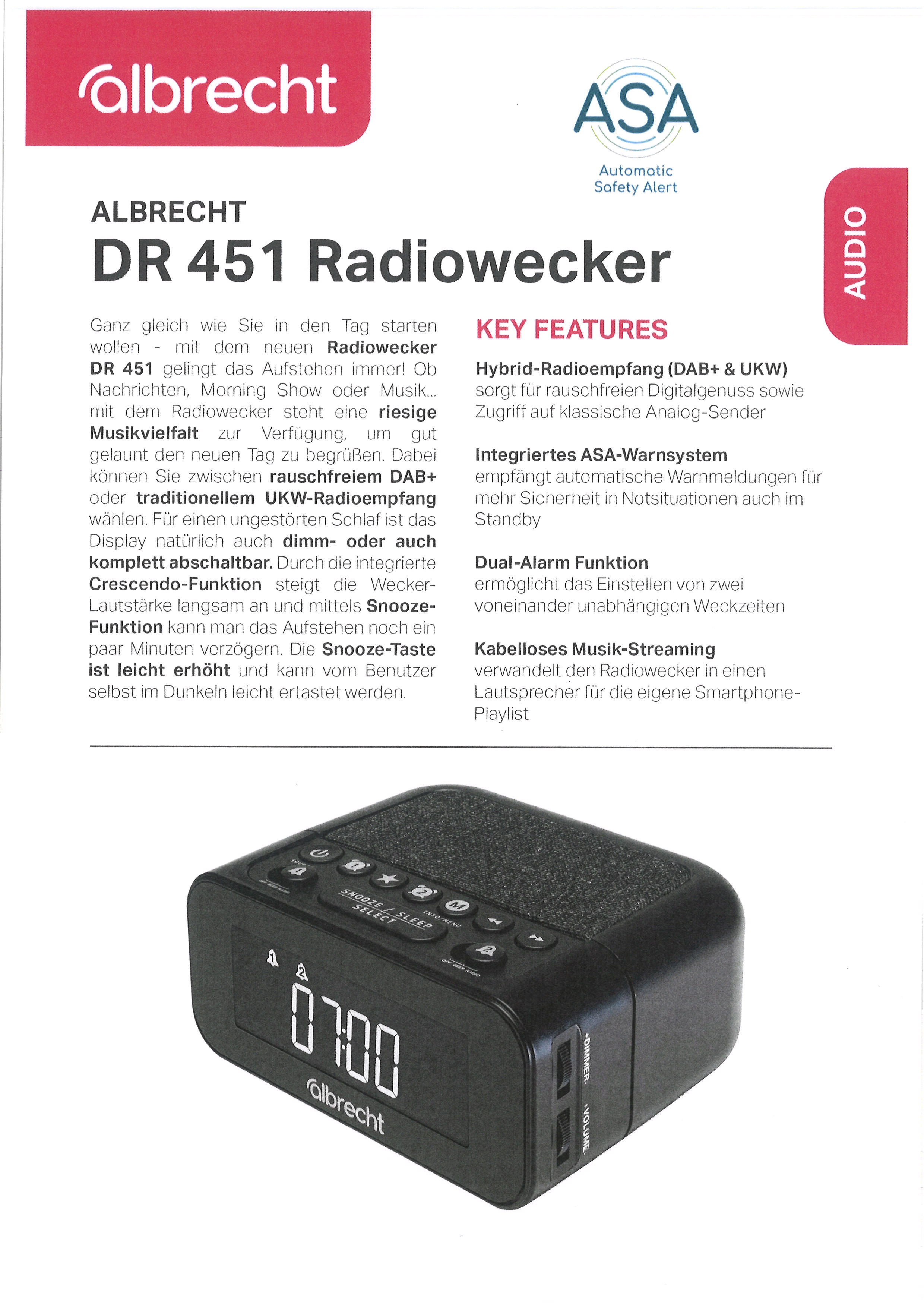 Albrecht DR 451 DAB+/UKW Radiowecker, schwarz Dimmbar, Musik Streaming, ASA Warnfunktion X - Bild 4