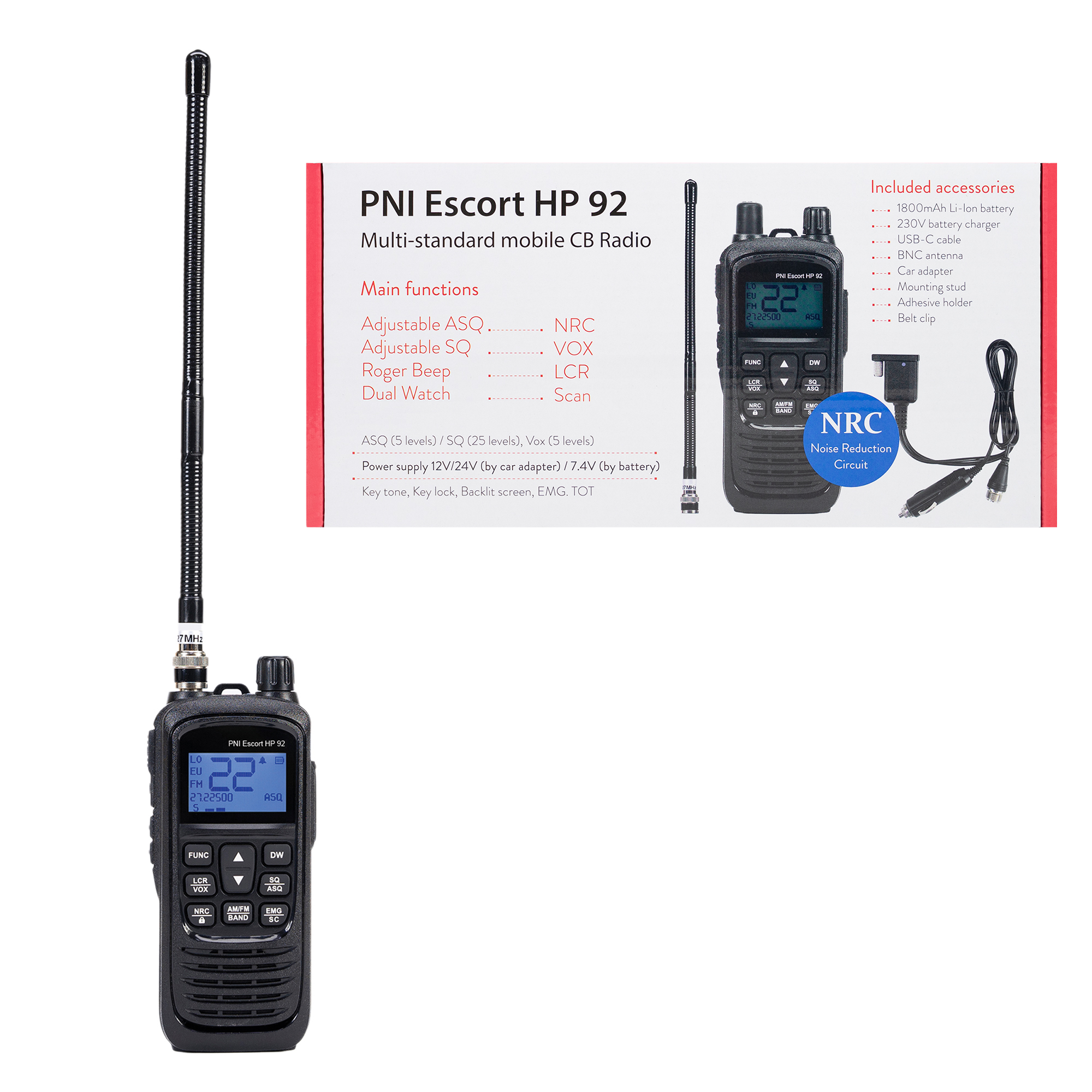 PNI Escort HP 92 Multi Standard CB-Handfunkgerät , 4W, AM-FM, NRC, Dual-Uhr, Roger Beep, ASQ SQ einstellbar, VOX, 12V-24 V X